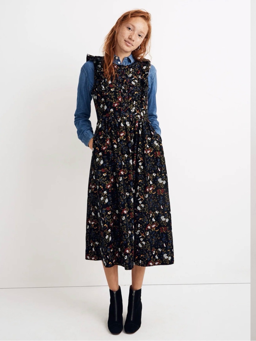 Madewell Corduroy Ruffle-Front Dress in Finch Floral